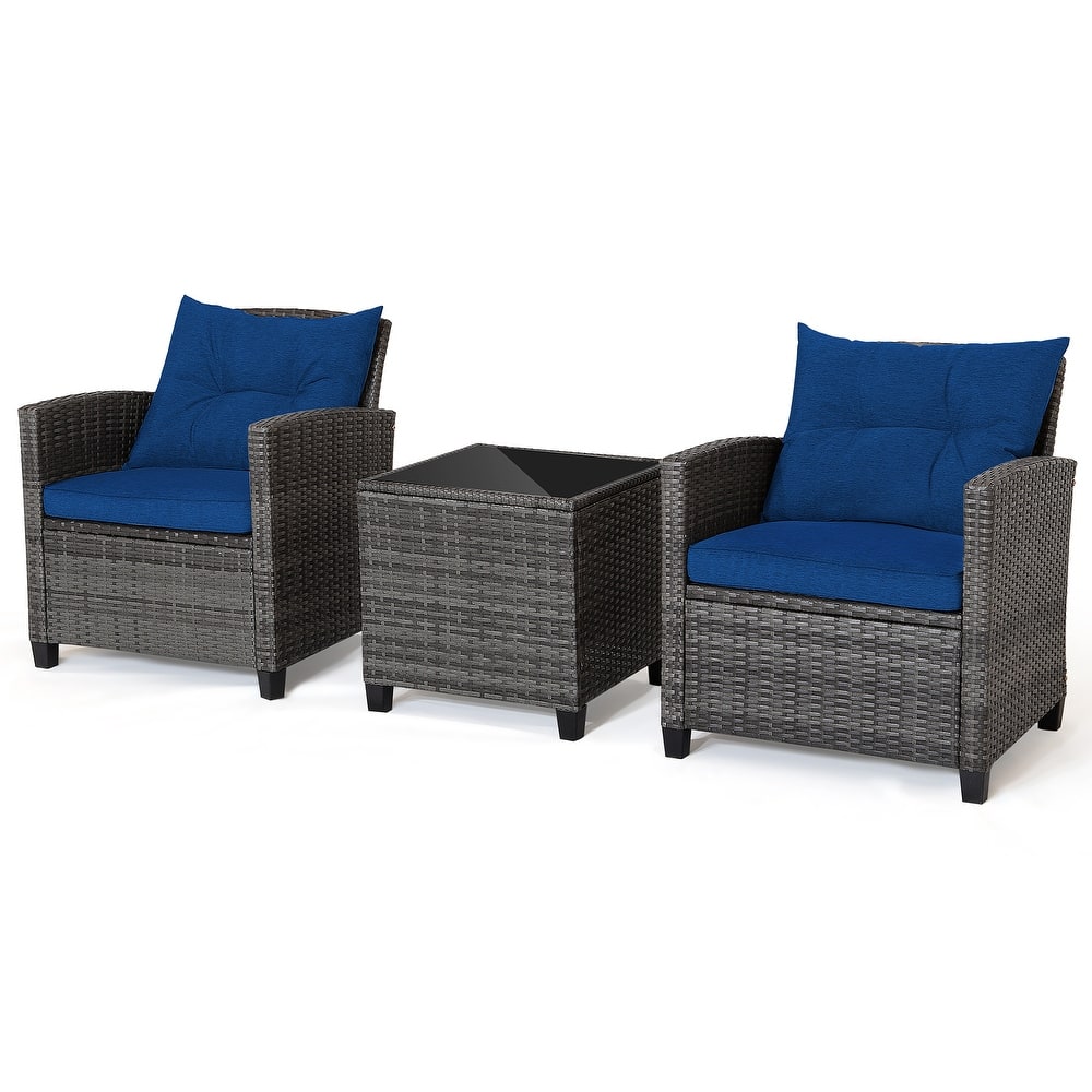 3-Piece Outdoor Wicker Patio Furniture Set with Tempered Glass Coffee Table - 26.5" x 26.5" x 30" (L x W x H)