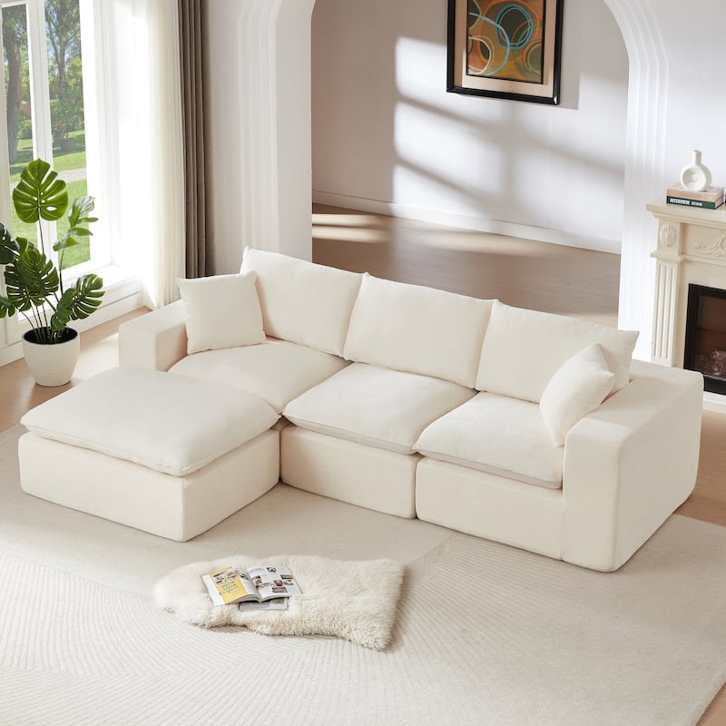 L Shaped Sectional Sofa with Ottoman, Oversized Chenille Upholstered Cloud Sofa, High-Density Sponge 4 Seater Sofa