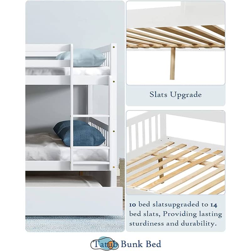 Full Over Full Bunk Bed with Trundle, Solid Bunk Bed with Trundle for Kids, Teens, Boys and Girls