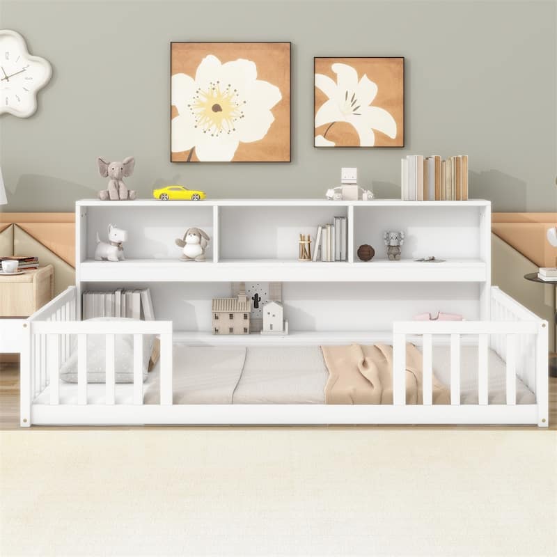Twin Floor Bed with Bedside Bookcase,Shelves,Guardrails