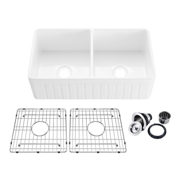 33" White Fireclay Farmhouse Undermount Double Kitchen Sink with Bottom Grid and Strainer. Opens flyout.
