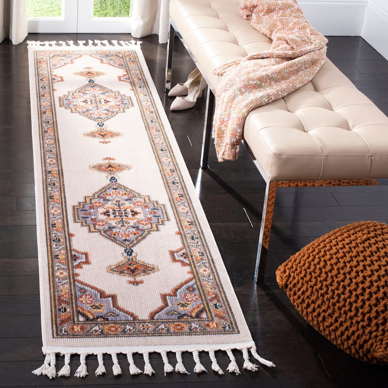SAFAVIEH Farmhouse Rozana Boho Tribal Polyester Rug - 2'1" x 8' Runner - Grey/Cream