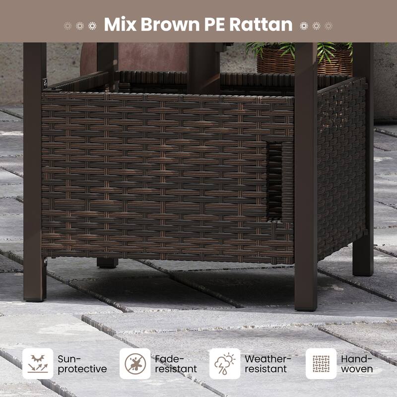 Brown PE Rattan Outdoor Side Table with Umbrella Hole and Rustproof Zinc-Iron Frame for Garden or Pool - 22" x 22" x 19"