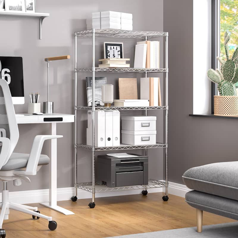 Seville Classics 5-Tier Steel Wire Shelving with Wheels, 30" W x 14" D x 60" H