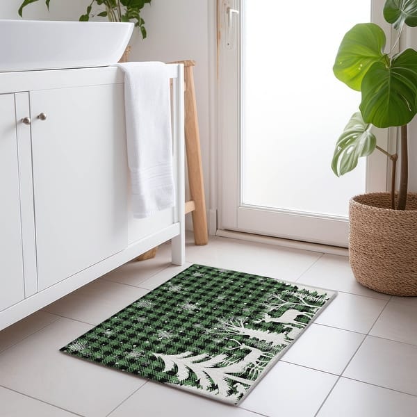 slide 2 of 7, Machine Washable Indoor/ Outdoor Christmas Plaid Chantille Rug Green - 1'8" x 2'6"