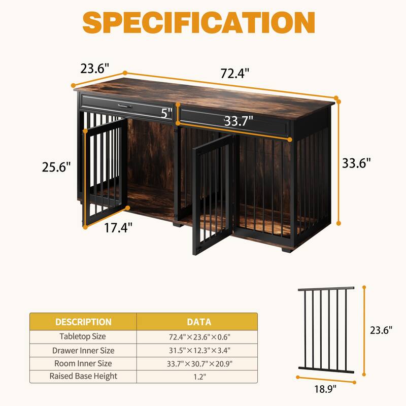72.4 Inch Wooden Large Furniture Dog Crate with Drawers & Divider