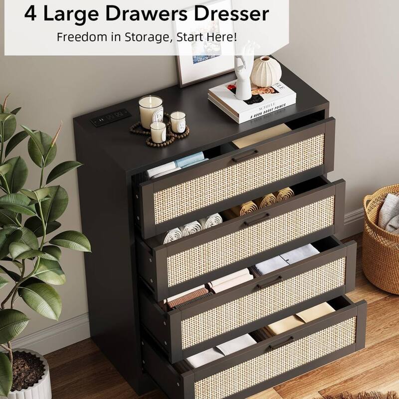 4 Drawers Rattan Dresser, Storage Chest of Drawer for Bedroom, Living Room, Entryway, Hallway