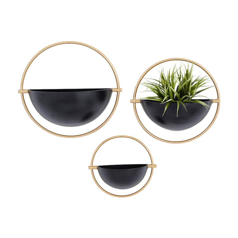 Metal Geometric Indoor Outdoor Round Wall Planter - Set of 3 White, Gold, Black - Roche River Decor - Black
