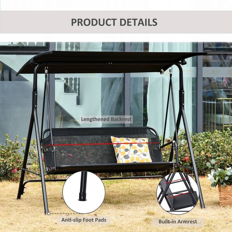 67.75 in. 2-Person Black Metal Patio Swing with Adjustable Tilt Canopy