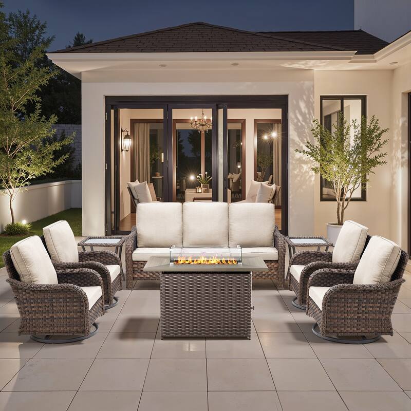 Pocassy Patio Funiture Sofa Swivel Chairs Ottoman with Fire Table Set - Beige Cushion - Brown Wicker - 8-Piece Sofa Swivel Chair with Fire Pit Table