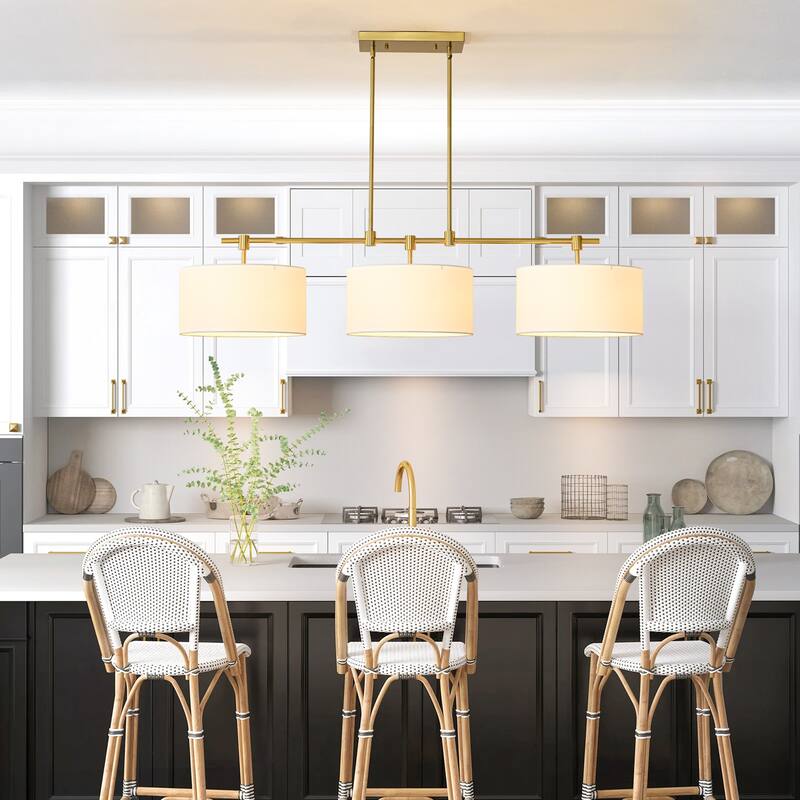 3-Light Modern Linear Drum Fabric Pendant/Kitchen Island Lights for Dining Room