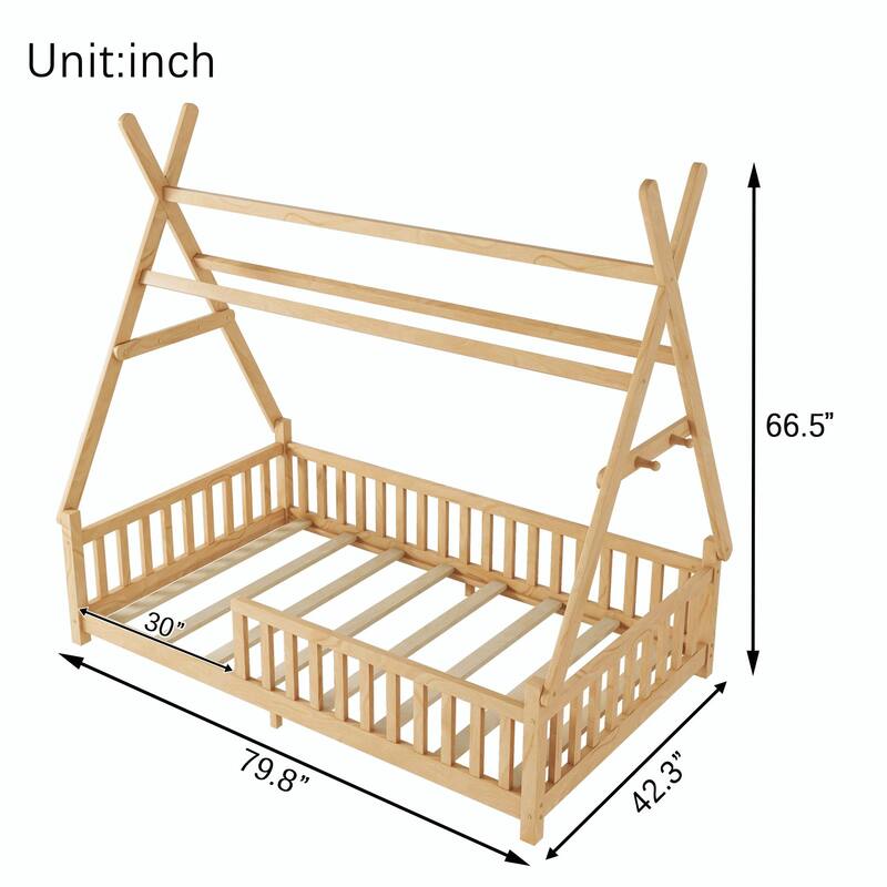 House Bed with Light, Low Floor House Bed with Fence and Roof