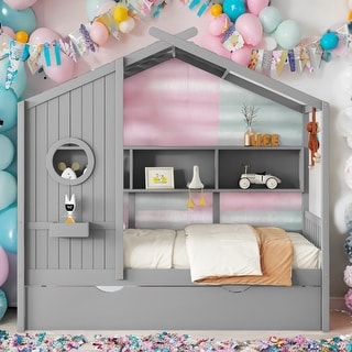 Twin Size House Bed with Trundle and Storage Shelf