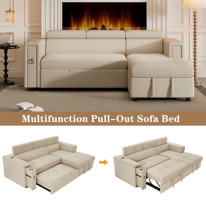 96" L-Shaped 3-Seat Sectional Sofa with Pull-Out Bed, Wireless Charging, Hidden Storage, and Cup Holders