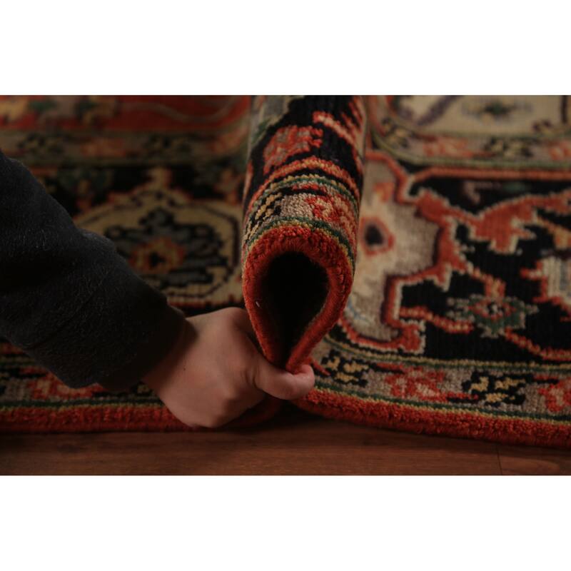 Geometric Heriz Serapi Indian Area Rug Handmade Orange Wool Carpet - 8'9"x 11'10"