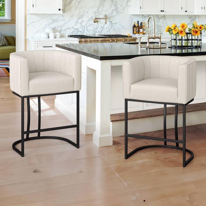 LUE BONA Modern 26.in Low Back Counter Height Barstools Upholstered/PU Leather Barrel Set of 2 Bar Stools with Metal Frame - Linen&Black/Fabric