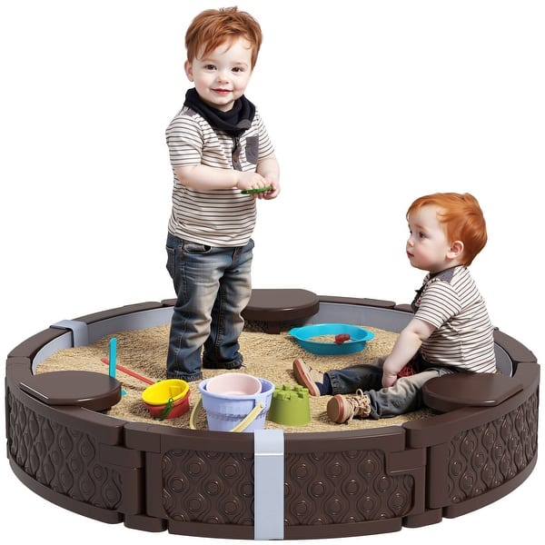 slide 2 of 9, Qaba Kids Sandbox with Cover, Round 47" HDPE Large Sand Pit with 3 Seats, Waterproof Bottom Liner, Brown Brown