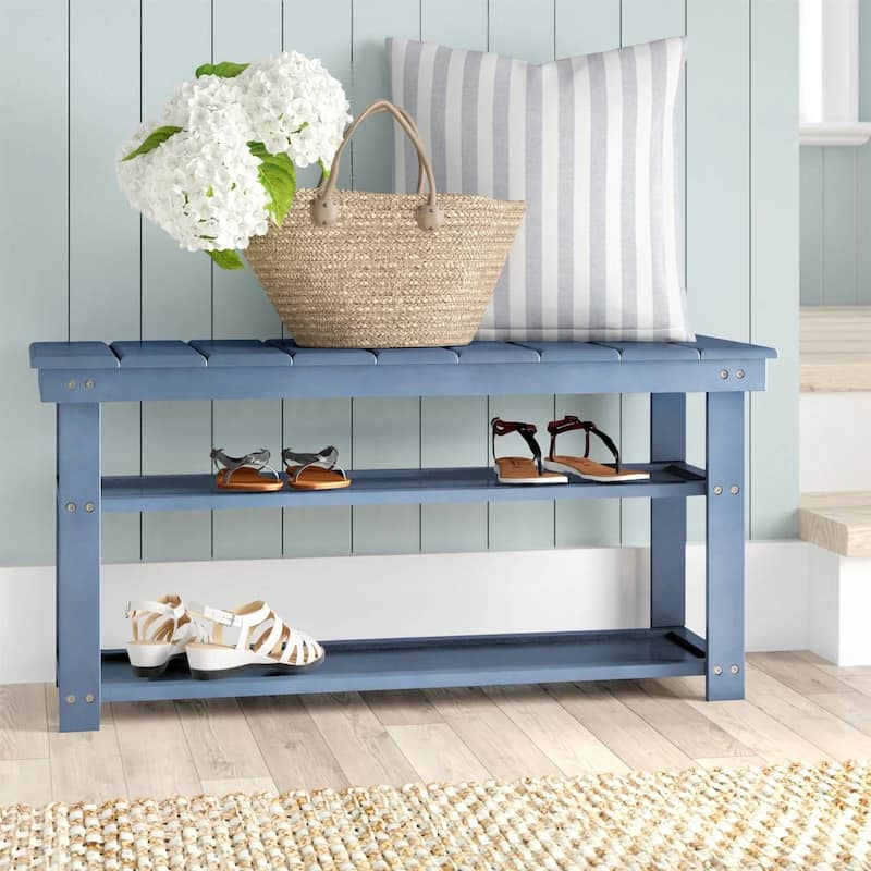 Modern Solid Wood Shoe Storage Bench with 2 Shelves for Entryway Seating and Organized Closet Space - 35.5”L x 12”W x 17”H