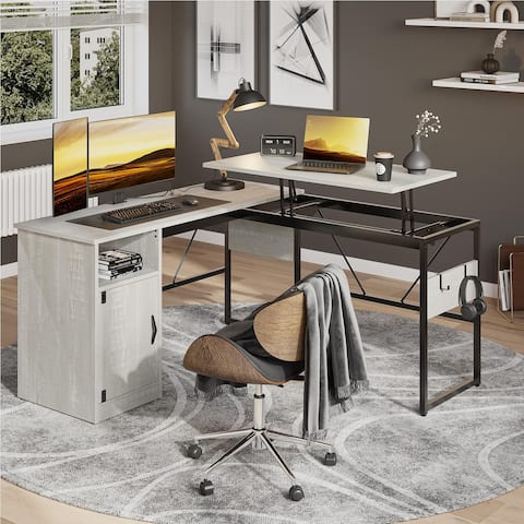 Sit to Stand L Shaped Desk with Lift Top, Standing Desk with Cabinet