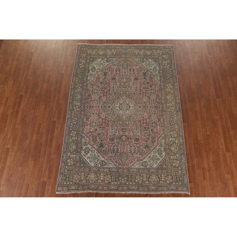 Hand Knotted Oriental 100% Wool Carpet Traditional Medallion Pink Tabriz Area Rug - 9' 5'' X 6' 5''