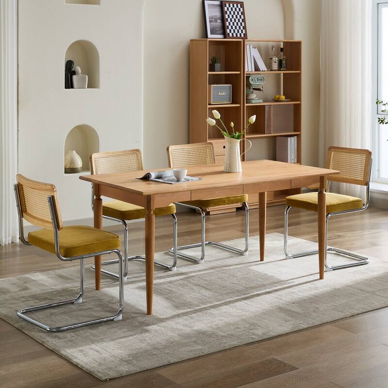 Velvet Dining Chair Set of 2 Gold Accent Chair with Natural Cane Back
