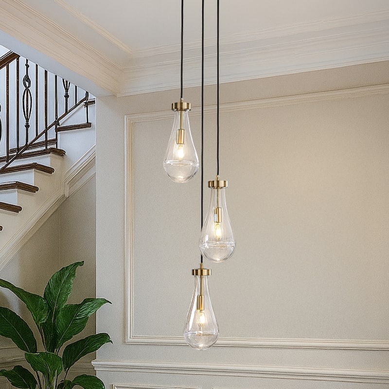 3-Light 9" Farmhouse Raindrop Glass Antique Brass Chandelier Rustic Teardrop Cluster Pendant Light for Kitchen Island - W9''