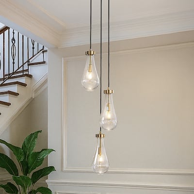 3-Light 9" Farmhouse Raindrop Glass Antique Brass Chandelier Rustic Teardrop Cluster Pendant Light for Kitchen Island - W9''