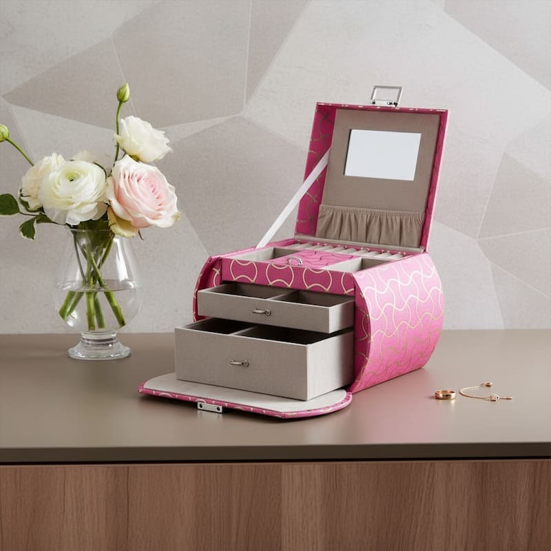 9" Hot Pink And Gold Faux Leather Abstract Scroll Jewelry Box Travel Case With Mirror - Hot Pink/Gold