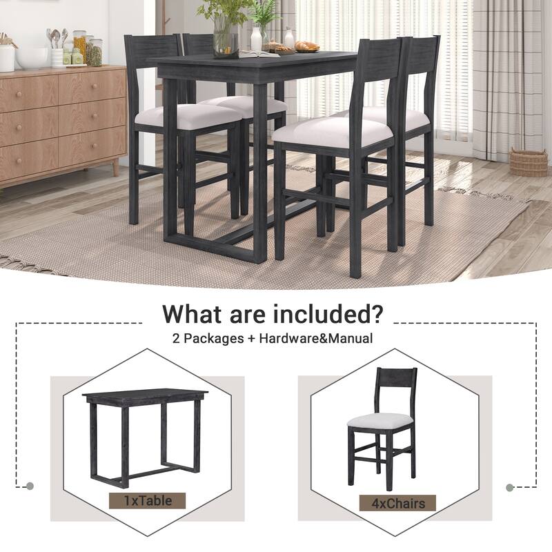 Counter Height 5-Piece Dining Table Set, Kitchen Table Set with Wood Texture Table and Cushioned Chairs
