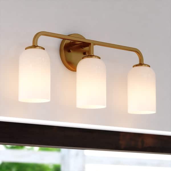 slide 2 of 33, Shelby Natural Brass Gold Transitional Lighting Fixture, Frosted White Opal Glass Cylinder Shade, Dimmable, LED Compatible