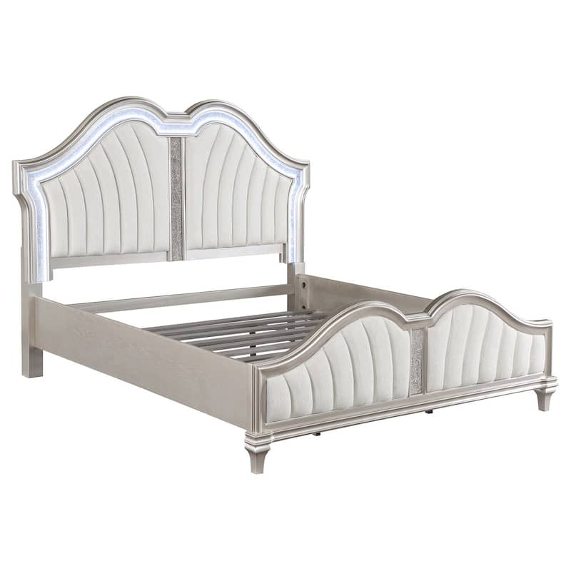 Ivory Fabric Upholstered Curved Headboard Wood Panel Bed with Silver Oak Finish and Glam Detailing
