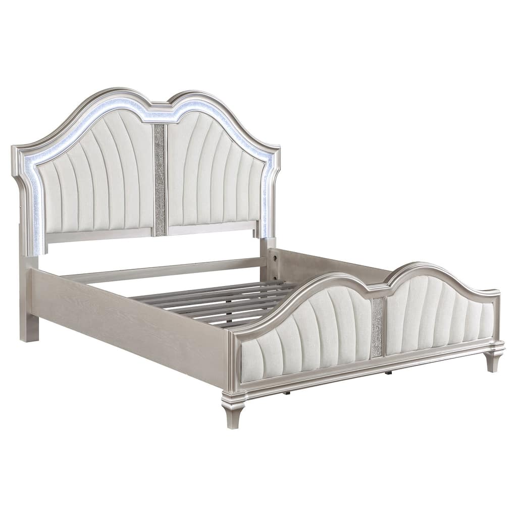 Ivory Fabric Upholstered Curved Headboard Wood Panel Bed with Silver Oak Finish and Glam Detailing