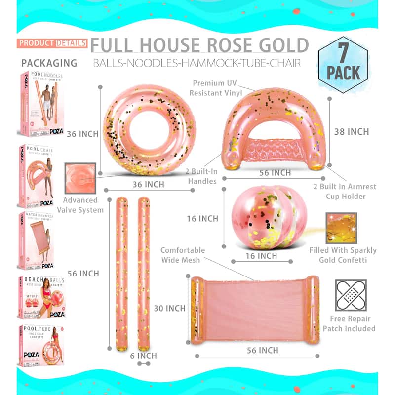 POZA Rose Gold Inflatable Full House Bundle - 7 Pieces Pack - ‎74 x 6 x 6 inches