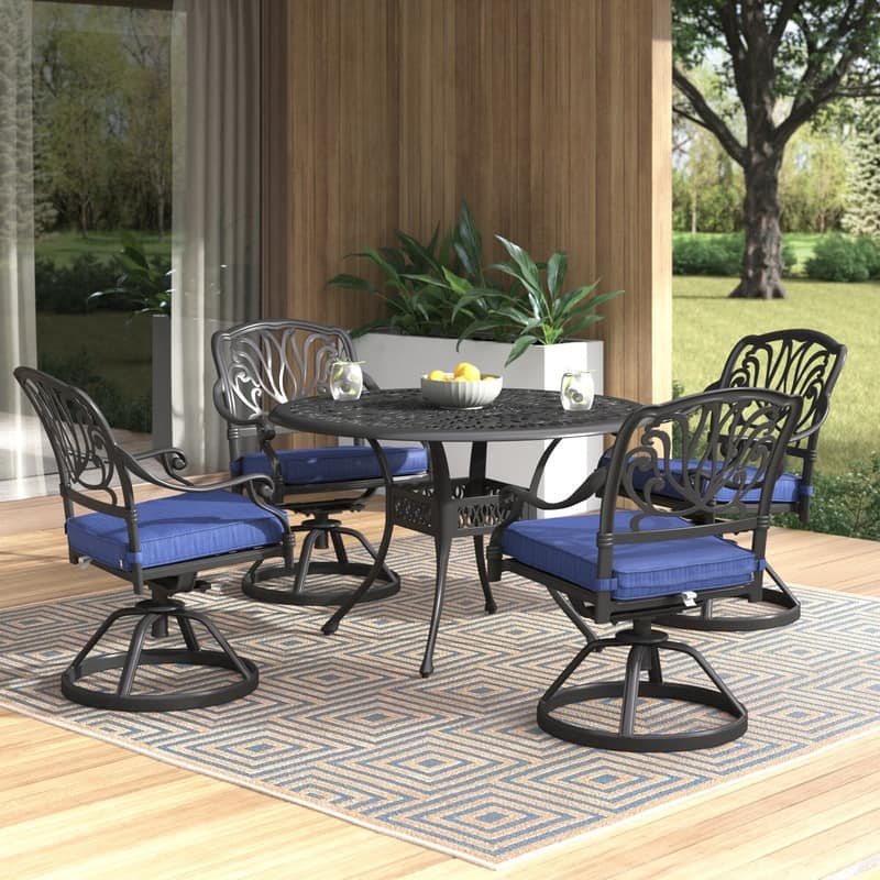 Manasquan 5-piece Gunmetal Aluminum Round Dining Set with Swivel Chairs by Havenside Home - Dessert Night/Navy Blue
