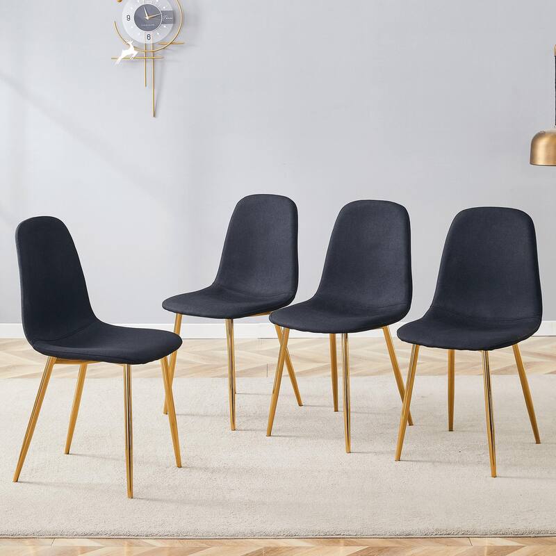 Luxury Simple Chair - Set of 4 BLACK Linen-Cotton Material High Resilience Dining Chair with Metal Golden Leg.Integral m