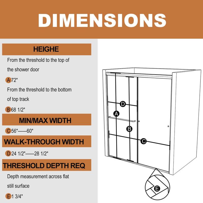 Semi-Frameless Double-sliding Shower Door with Clear Glass - 60 in.Wx72 in.H