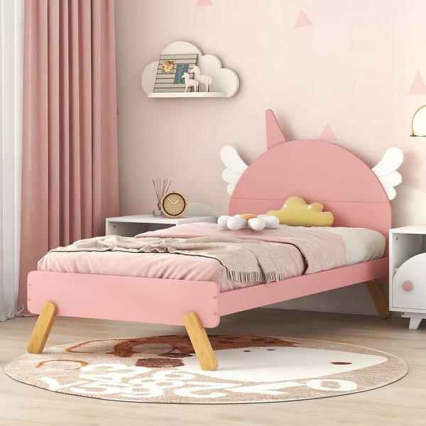 slide 2 of 8, Pink Unicorn Wooden Platform Bed with Headboard - Twin Size, Easy Assembly Pink