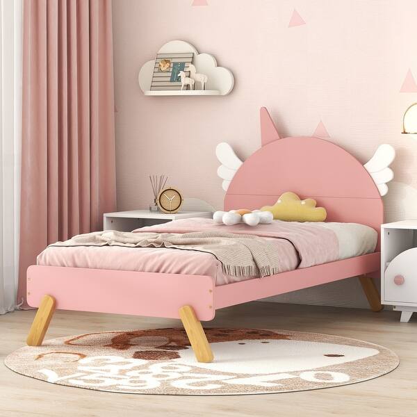 slide 2 of 8, Unicorn Wooden Platform Bed with Headboard - Twin Size, Easy Assembly Pink