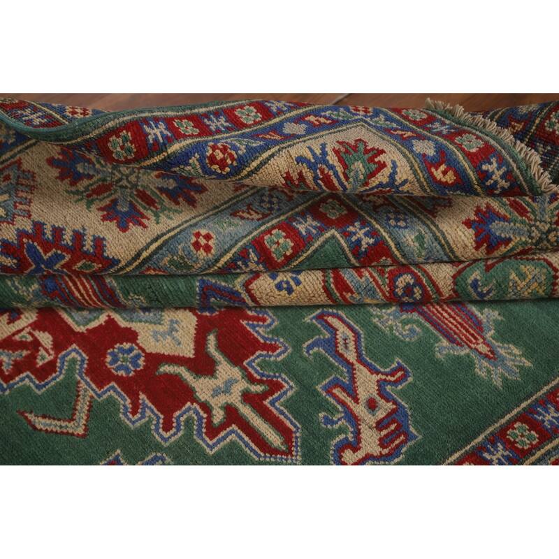 Green Geometric Kazak Area Rug Hand-Knotted Wool Carpet - 4'11" x 6'1"