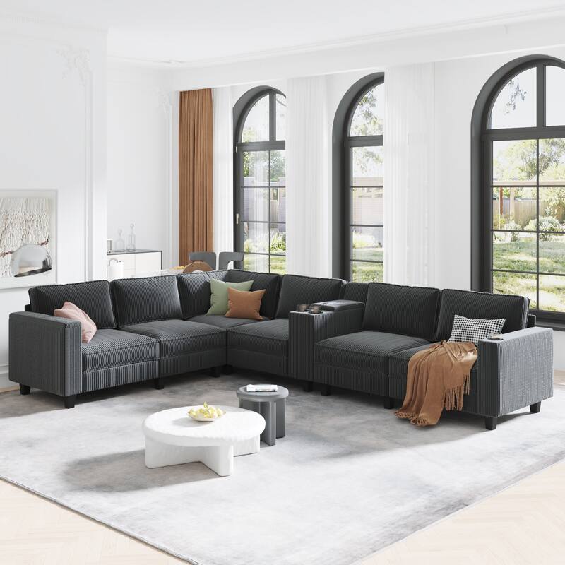 133" L-Shaped 6-Seater Corduroy Sectional - Storage Armrests with USB Charging & Reversible Design - Grey