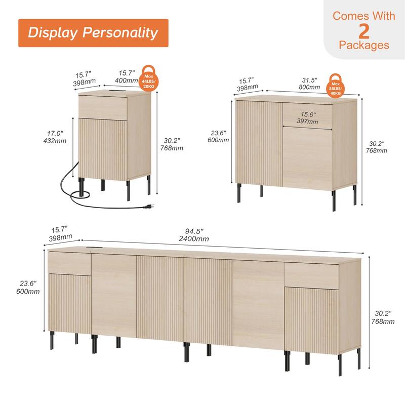 94.5" Modern Reeded 4-Door Sideboard With Charging, 4-In-1 Wooden Credenza Storage Cabinet