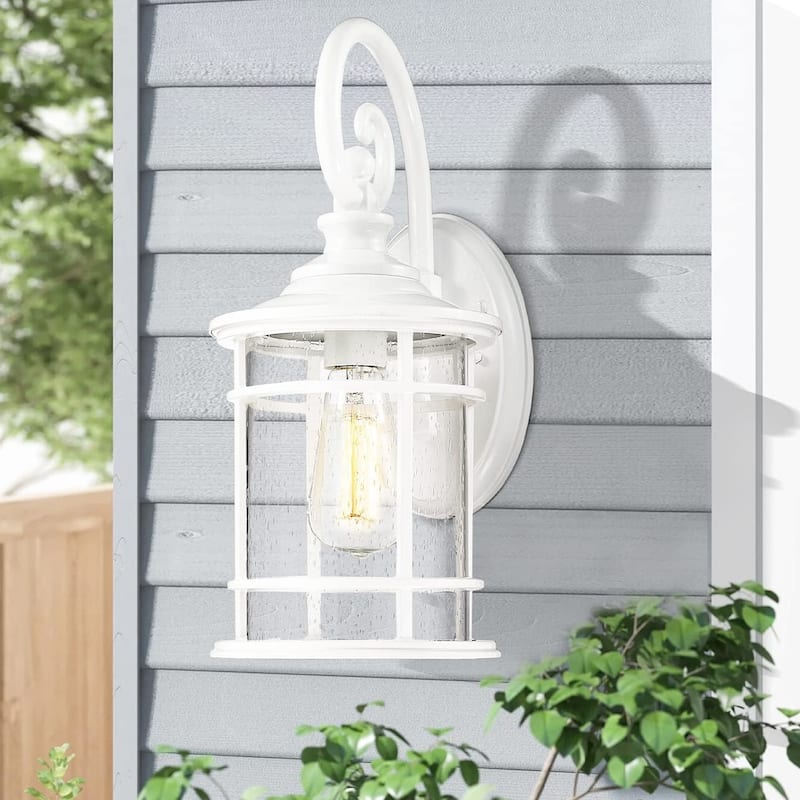 Textured Black/White Outdoor Wall Lantern with Seeded Glass Shade