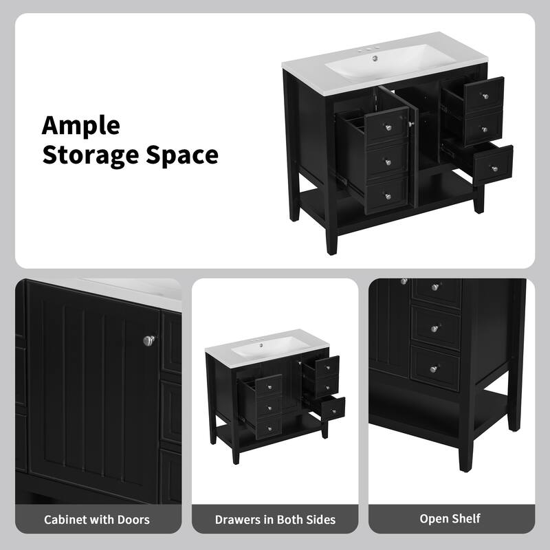36" Bathroom Vanity with Sink Combo, One Cabinet and Three Drawers, Solid Wood and MDF Board