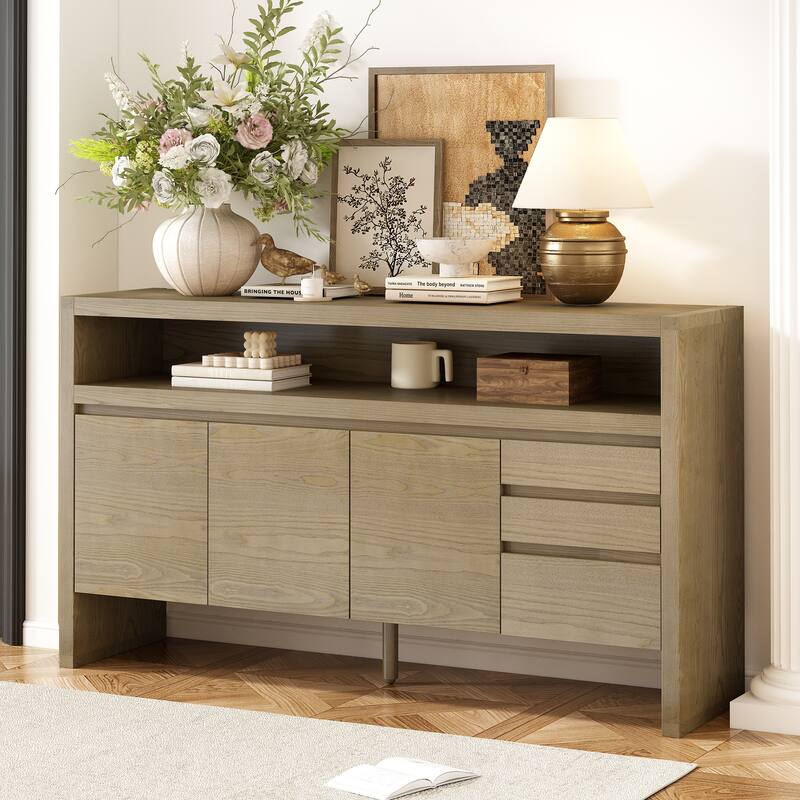 3-Door Sideboard with 3 Drawers - Modern Solid Ash Sideboard, Large Storage Cabinet for Living Room, Hallway, Dining