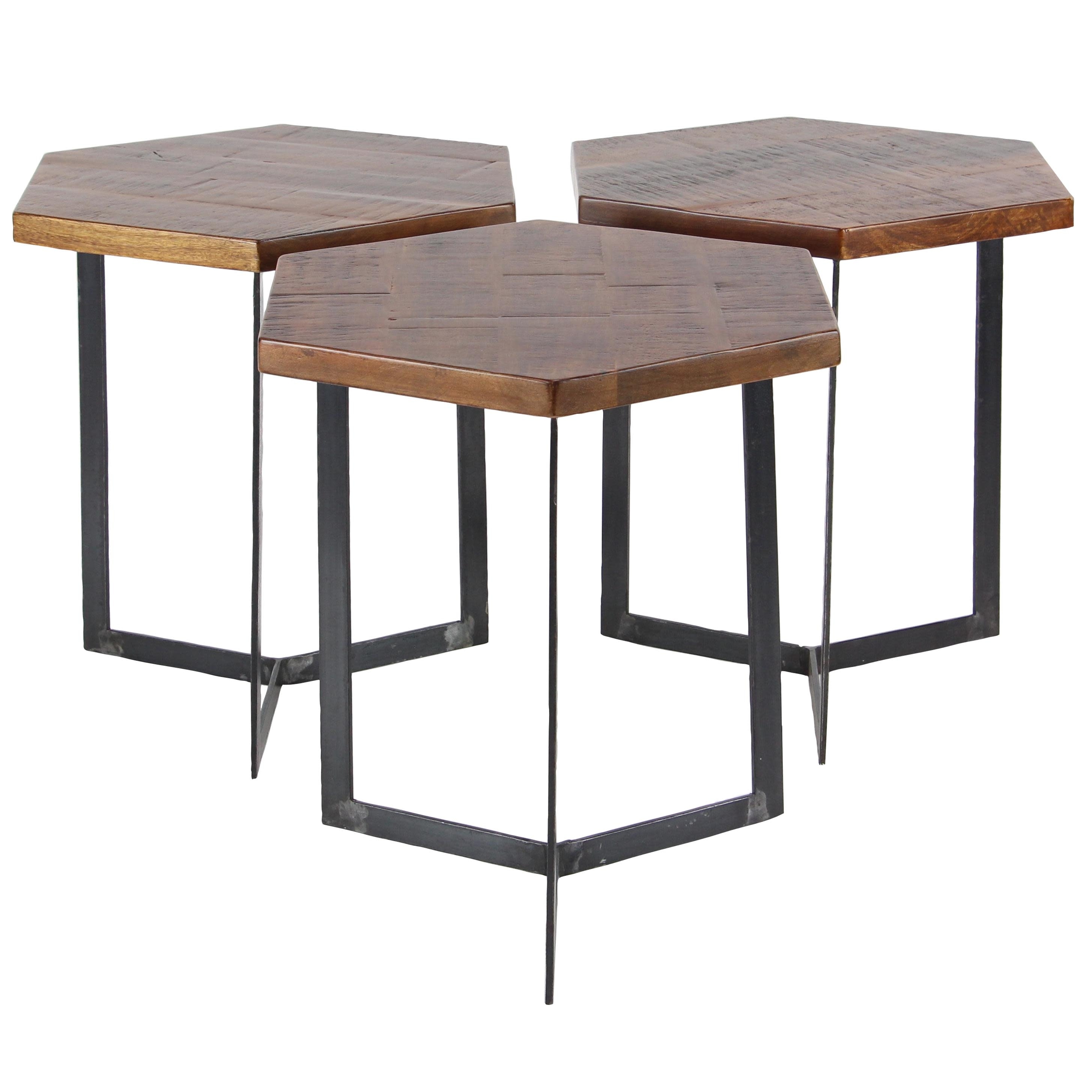 Roche River Decor - Mango Wood Accent Table with Black Metal Y-Shaped Bases - Set of 3 Brown