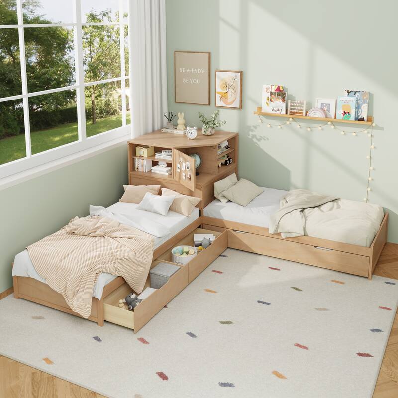 L-Shaped Combination Twin Bed Frame with Trundle and Drawer