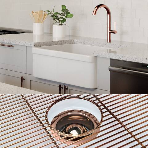 Fossil Blu 26-Inch SOLID Fireclay Farmhouse Sink in White, Polished Rose Gold Accessories, Belted Front - 26 x 20 x 10