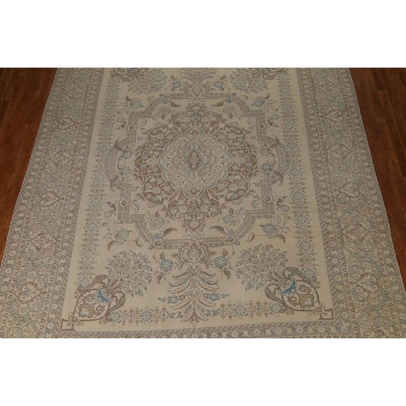 Hand Knotted Oriental 100% Wool Carpet Traditional Floral Beige & Ivories Tabriz Area Rug - 12' 9'' X 9' 7''
