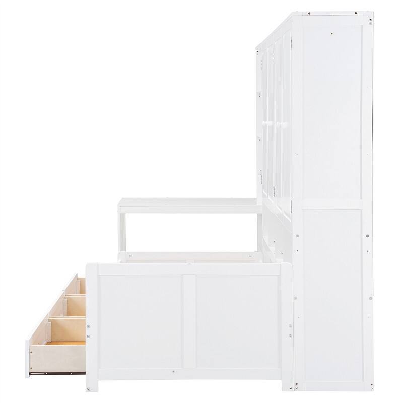 Twin/Full Size Daybed with All-in-One Cabinet and 3 Drawers, Wooden Daybed Frame Sofa Bed with Desk and Storage Shelves