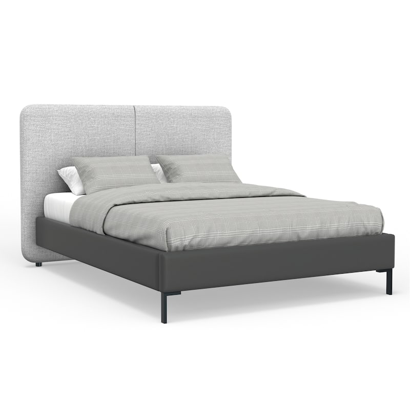 Modern Platform Bed - Grey Linen Headboard & Faux Leather Footboard - Metal Leg Bed Frame - 74" Wide